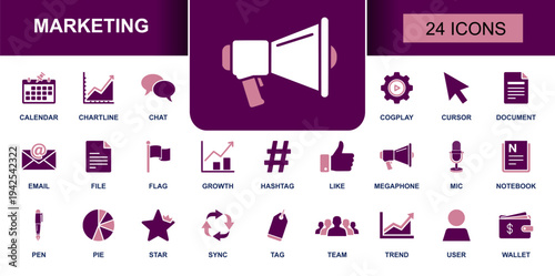 Marketing icon set. Containing megaphone, hashtag, growth chart, calendar, email, chat, like, cursor, tag, wallet, team, document, notebook and more. Solid fill vector icons collection.