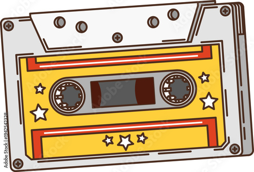Retro groovy audio cassette decoration or sticker. Funky retro sticker, groovy vintage vector element. Hippie isolated symbol or comic colorful decoration with retro audio player tape cassette