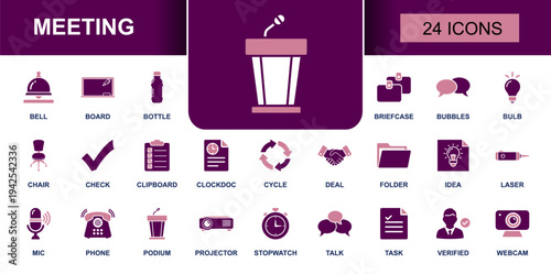 Meeting icon set. Containing podium, mic, projector, webcam, briefcase, handshake, checklist, clipboard, agenda, stopwatch, chat, whiteboard and more. Solid fill vector icons collection.