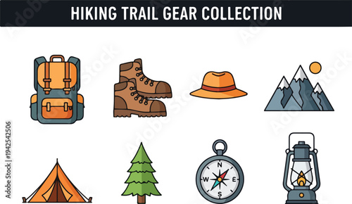 Collection of hiking trail gear and accessories for outdoor adventures