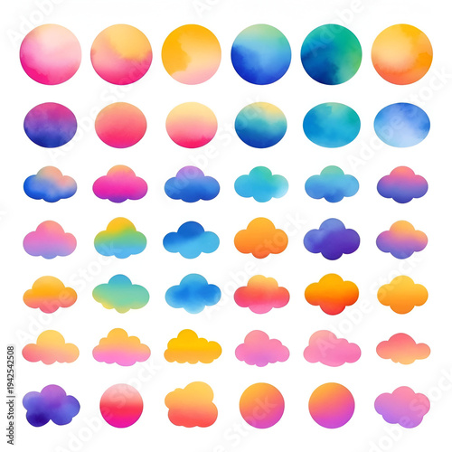 Gradient blur blob shapes. Abstract watercolor blurred shapes. Colorful fluid half transparent amorphous blobs. Vector isolated vibrant color blending circles set. Vector set.