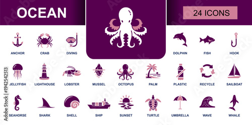 Ocean icon set. Containing octopus, fish, dolphin, whale, turtle, shark, crab, anchor, diving, lighthouse, sailboat, ship, wave, sunset, beach and more. Solid fill vector icons collection.