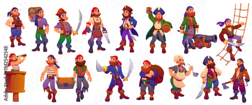 Cartoon pirate ship crew characters of vector corsair captain, sailor, boatswain and skipper, cook, gunner and cabin boy personages. Funny pirates with captain hats, treasure chests, swords and guns