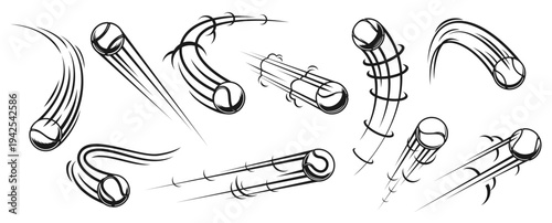 Tennis balls with motion trails, vector sport game equipment and player accessories. Outline tennis and padel sport game balls flying fast leaving speed motion trails of comic black lines and curves
