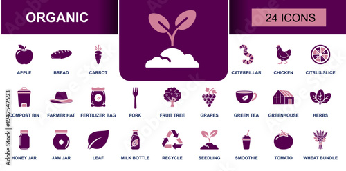Organic icon set. Containing apple, bread, carrot, tomato, herbs, grapes, honey, jam, milk, tea, seedling, greenhouse, compost, recycle and more. Solid fill vector icons collection.