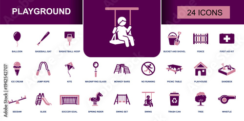 Playground icon set. Containing swing, slide, seesaw, monkey bars, sandbox, jump rope, kite, balloon, soccer goal, basketball hoop, first aid kit and more. Solid fill vector icons collection.