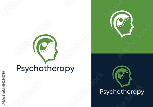 Mental health line icon. Psychotherapy symbol concept with natural or herbal remedies. Vector illustration of a head logo with green leaves.