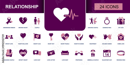 Relationship icon set. Containing couple, love, heart, heartbeat, holding hands, hugging, proposing, diamond ring, love letter, valentine�s day and more. Solid fill vector icons collection.