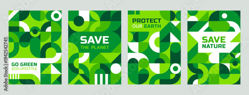 Save the Earth posters with geometric green Bauhaus pattern. Save nature geometric shapes vector banners, Earth day cards. Ecology and clean environment flyer or posters with Bauhaus abstract pattern