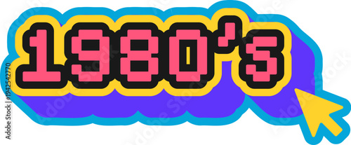 1980s Y2K groovy sticker or retro print. Vintage PC technology Y2K vector sticker, 2000s computer hardware cartoon tag. 8bit gaming label with pixelated 1980s year number and mouse pointer arrow