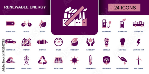 Renewable energy icon set. Containing solar panel, wind turbine, EV charging, eco battery, recycle, biofuel, electric car, green leaf, LED bulb and more. Solid fill vector icons collection.