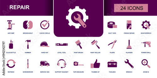 Repair icon set. Containing wrench, toolbox, hammer, drill, pliers, screwdriver, duct tape, level tool, tape measure, glue, service van, appliance repair and more. Solid fill vector icons collection.