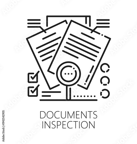Business document inspection line icon or label. Production regulatory certification pictogram, standards control vector symbol. Quality inspection icon with paper documents and magnifying glass