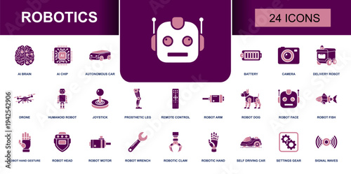 Robotics icon set. Containing AI brain, AI chip, drone, humanoid robot, robot arm, robotic hand, joystick,, camera, delivery robot, self driving car and more. Solid fill vector icons collection.