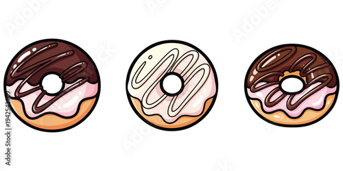 Three delicious donuts with chocolate and pink icing, isolated on white background