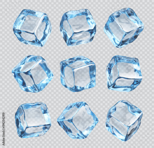 Realistic ice cubes, isolated crystal ice blocks on transparent background. Vector 3d frozen drinking water cubes with translucent blue square facets and icy texture, cool frosty crystals set