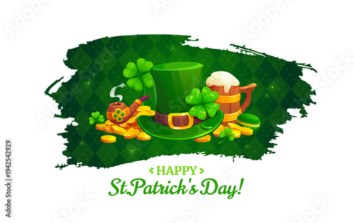 Happy St Patrick Day holiday vector grunge banner. Cartoon irish green beer and shamrock clover leaves, leprechaun hat and smoking pipe on golden coins pile greeting banner, St Patrick Day Festival