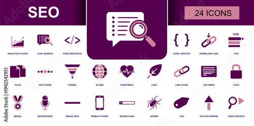 SEO icon set. Containing analytics chart, keyword search, search bar,  link chain, globe, funnel, ranking stars, tag, spider, FAQ, code brackets, lock and more. Solid fill vector icons collection.