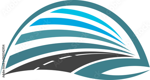 Speed highway route abstract icon or symbol. Highway way icon, asphalt pathway graphic vector emblem. Speed route abstract symbol with rode dynamic curve of asphalt lines leads into sky horizon