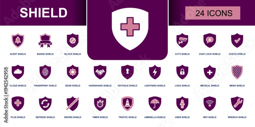 Shield icon set. Containing alert, badge, block, CCTV, chat lock, check, cloud, fingerprint, gear, handshake, keyhole, lightning, wifi, user, medical and more. Solid fill vector icons collection.