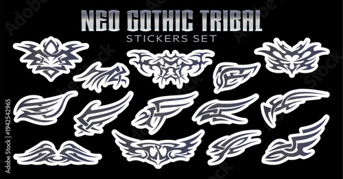 Y2K neo tribal gothic tattoo stickers pack. neo gothic psychedelic tattoos vector stickers. Y2k 2000s heavy metal, emo or goth subculture abstract black shapes, tribal graphic prints collection