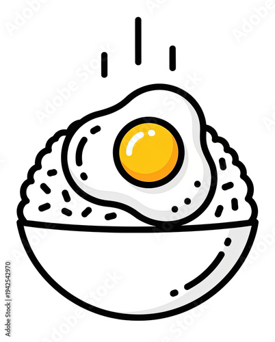Cartoon image of rice bowl topped with sunny-side-up fried egg