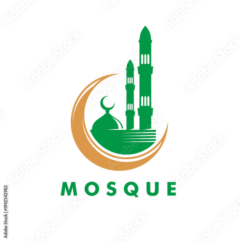 Ramadan muslim mosque abstract icon or symbol. Islam mosque graphic label, Muslim culture center vector symbol. Islamic religion abstract emblem or icon with crescent moon, mosque minaret and dome