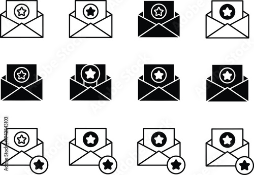 Email marketing and customer feedback icon set featuring envelope with star badge in solid and outline styles, symbolizing newsletter rating, message review, and communication quality