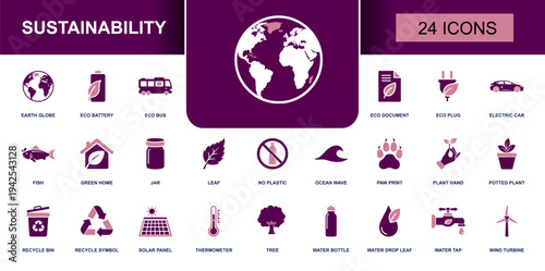 Sustainability icon set. Containing earth globe, recycle, solar panel, wind turbine, electric car, green home, no plastic, ocean wave, tree, water drop and more. Solid fill vector icons collection.