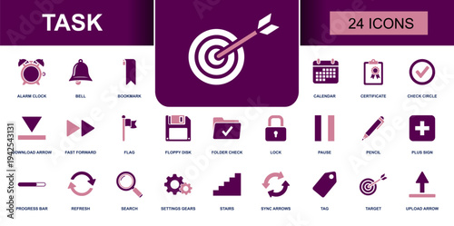 Task icon set. Containing target, calendar, checklist, certificate, alarm clock, bell, bookmark, folder check, lock, pencil, tag, search, upload and more. Solid fill vector icons collection.
