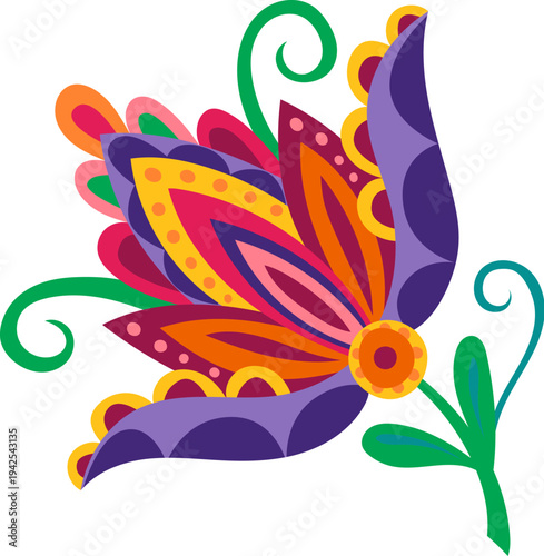 Mexican folk embroidery spring flower decoration with green stem red and purple petals. Mexican folk element, Latin American culture floral vector decor. Hispanic colorful flower isolated decoration