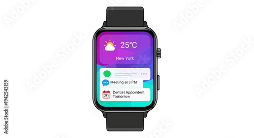 Smartwatch displaying weather and notifications on screen