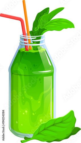 Green vegan smoothie vector drink in glass bottle with bubbles on surface, two straws and fresh green leaves. Healthy food, vegan diet, organic juice smoothie drink