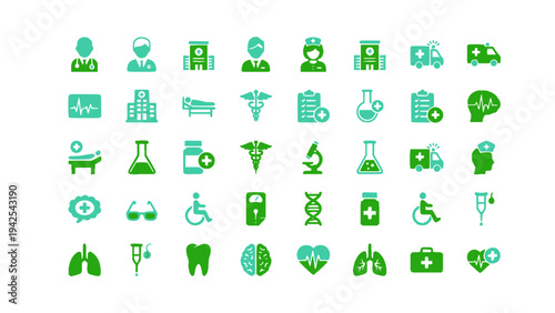 Flat healthcare icons including lungs, heart, stethoscope, laboratory test, and hospital services.
