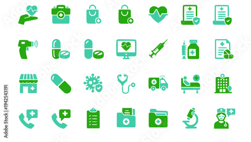 Flat medical icons including syringe, pills, ambulance, heart monitor, and healthcare tools.