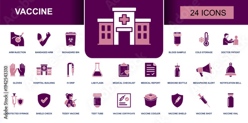 Vaccine icon set. Containing vaccine shot, vial, syringe, hospital, doctor patient, blood sample, cold storage, medical report, gloves, IV drip, biohazard bin and more. Solid fill vector icons collect