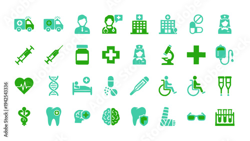 Minimal healthcare icons featuring hospital, ambulance, wheelchair, microscope, and medical support.