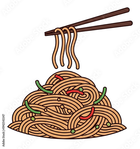 Cartoon noodles, with chopsticks holding up a few strands over a pile, on black background