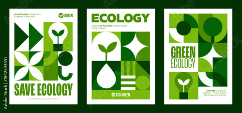 Ecology and environment posters with geometric Bauhaus pattern. Nature saving geometric artwork vector flyer, environment saving banner. Ecology protection poster with Bauhaus green shapes pattern