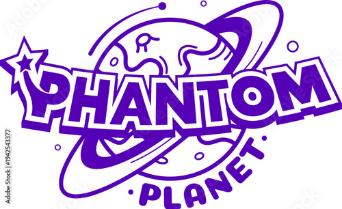 Purple Y2K streetwear phantom planet icon or emblem. Clothing futuristic Y2K print, brand typography funky isolated vector emblem. Apparel graphic vintage icon or streetwear text retro label element