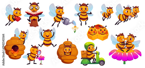 Cartoon honey bee characters with vector cute animal mascots, honeycomb, flower and hive. Happy baby and worker bees set, honeybees with honey and beehive, book, magnifying glass and delivery bike