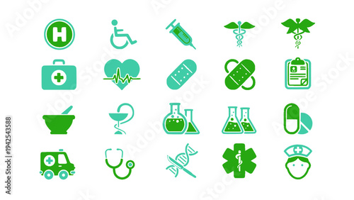 Modern medical icons featuring DNA, laboratory flask, microscope, ambulance, and healthcare symbols.