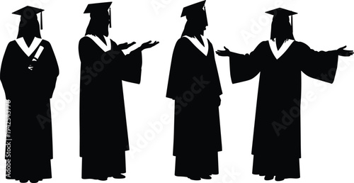 Black Silhouette Set of Female Graduates Wearing Academic Gowns and Caps Holding Diplomas Isolated on White Background for Education Design