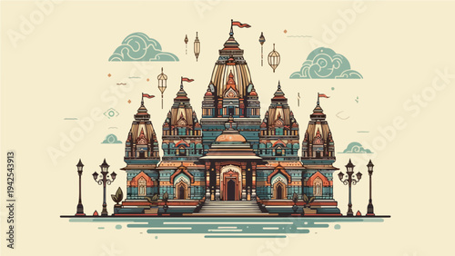 Intricate Hindu Temple Landmark Illustration with Traditional Indian Architecture in Modern Flat Line Art Style