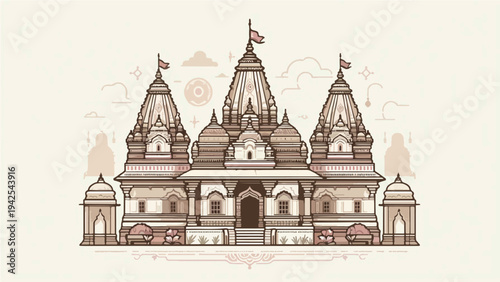 Detailed Indian Hindu Temple Architecture Illustration in Elegant Minimalist Line Art Style