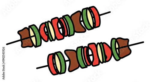Two skewers of grilled, colorful food items, presented against a black background
