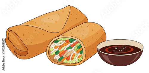 Illustration of two filled, rolled pastries, one cut open, with a dipping sauce bowl