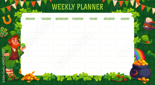 Weekly planner with Irish leprechaun and holiday shamrock clover. Education vector agenda, daily schedule or kid lessons timetable template with St Patrick's objects, pot of gold, top hat and rainbow
