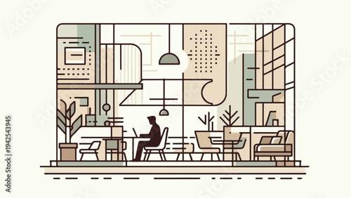 Minimalist Interior Illustration of a Modern Coworking Space with a Man Working on a Laptop in Flat Line Art Style