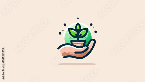 Hand Holding Small Green Plant in Pot for Environmental Care and Sustainability Concept in Cute Flat Doodle Style